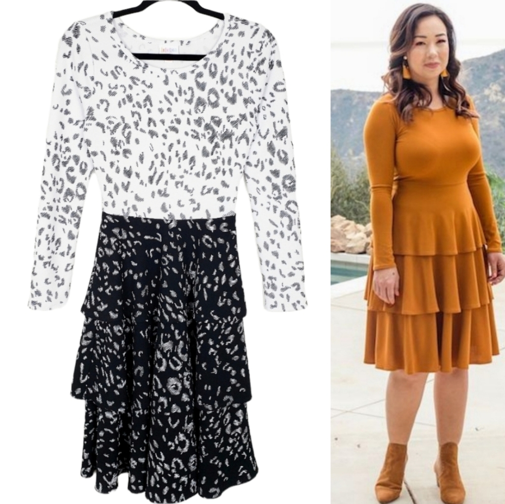 LULAROE Georgia Leopard Animal Print Long Sleeve White & Black Tiered Dress XS